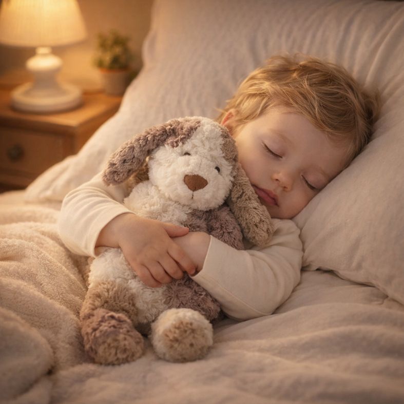 chien en peluche apaisante rassurante enfant endormi paisiblement lit