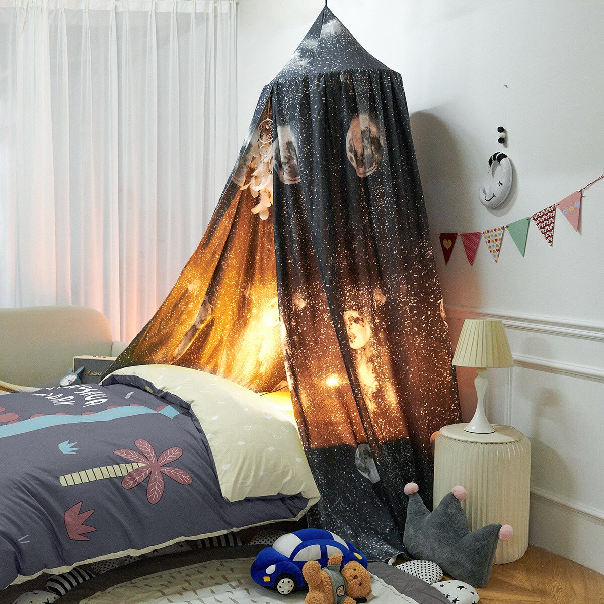 ciel de lit bebe lune gris decoration