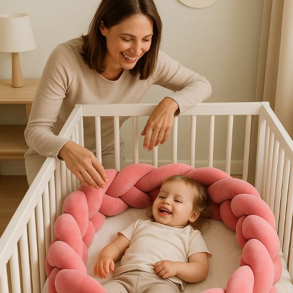 contour de lit de bebe rose fille souriante