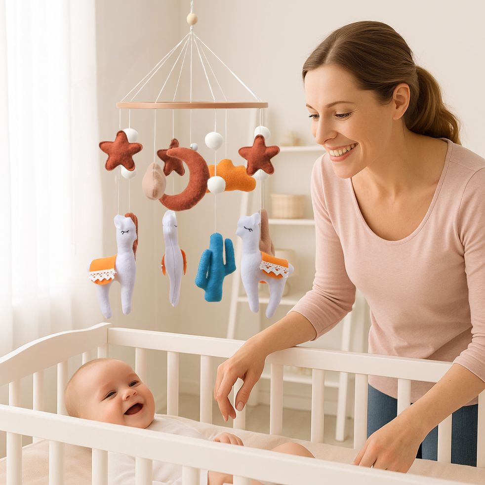 mobile bebe alpaga enfant maman souriant