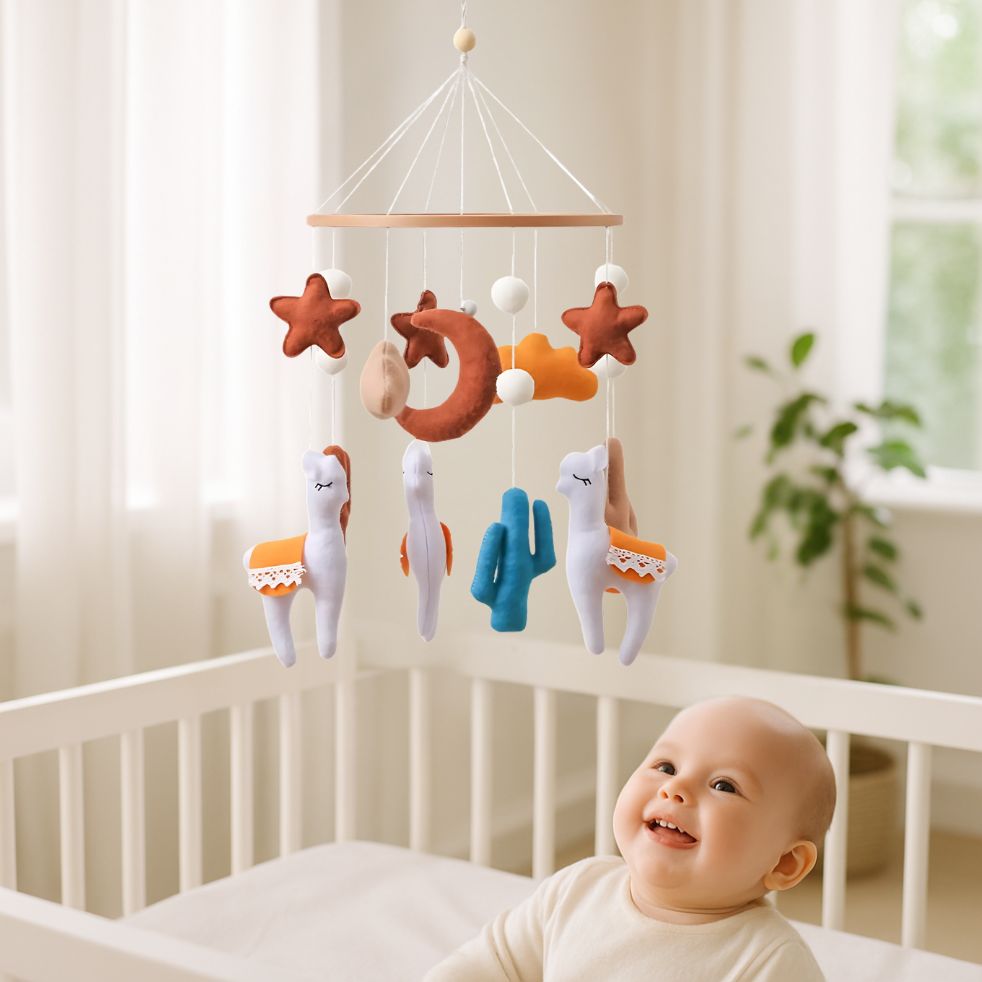 mobile bebe alpaga enfant souriant dans lit