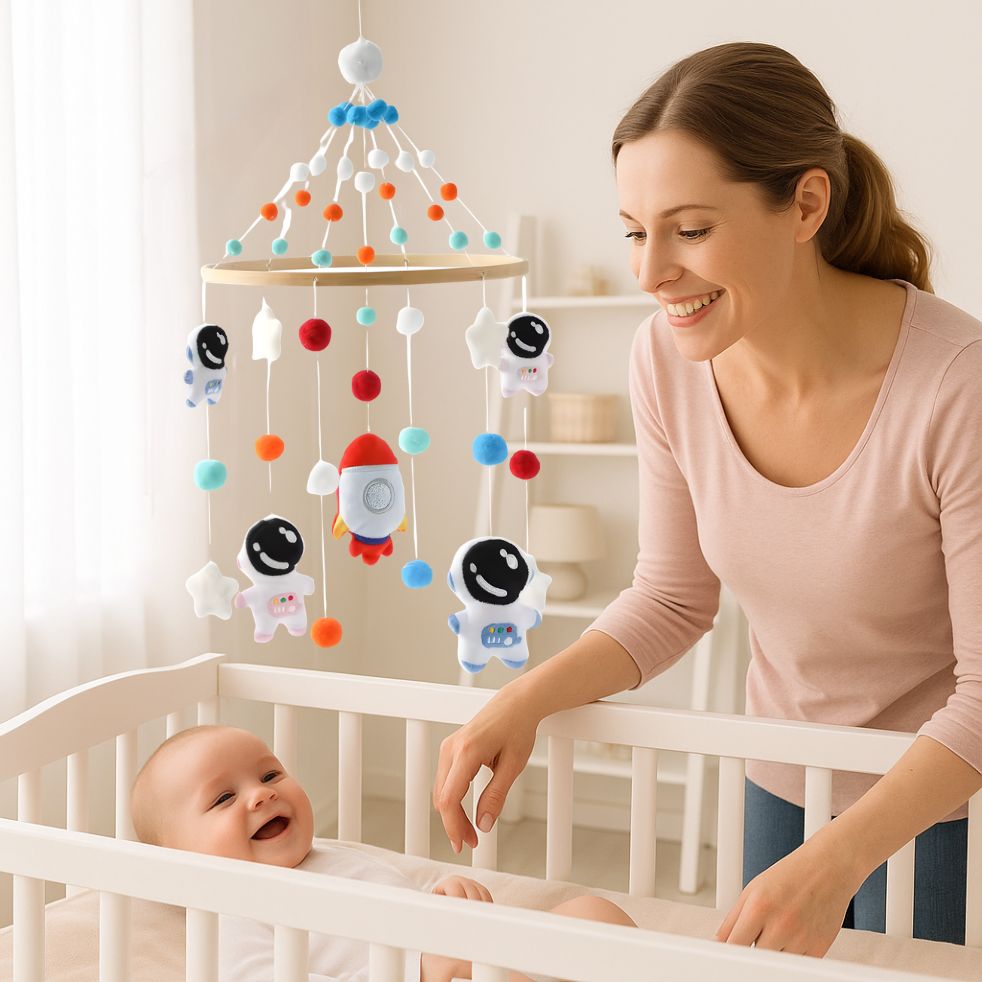 mobile bebe astronaute bebe maman souriant