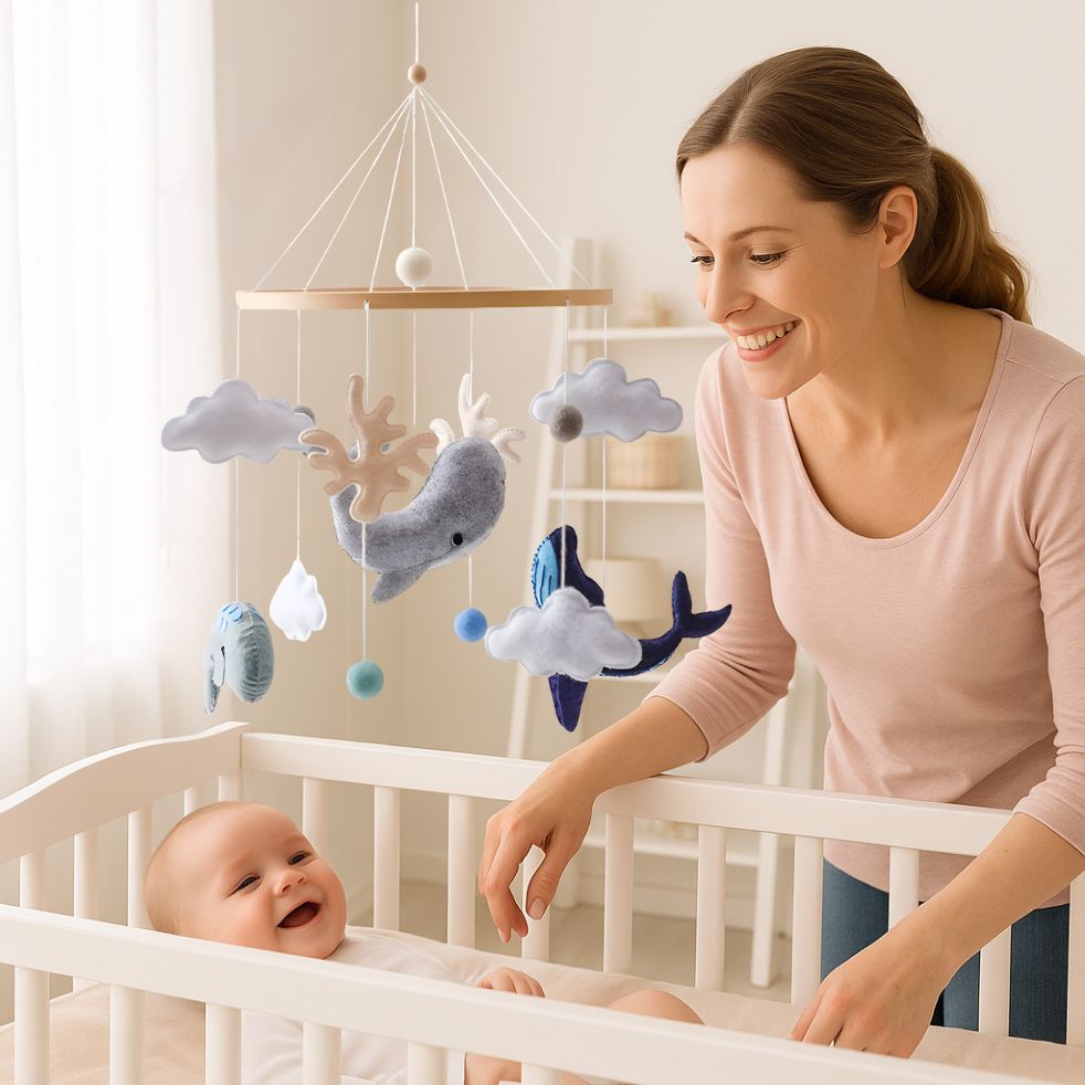 mobile bebe dauphin gris bleu bebe maman heureux