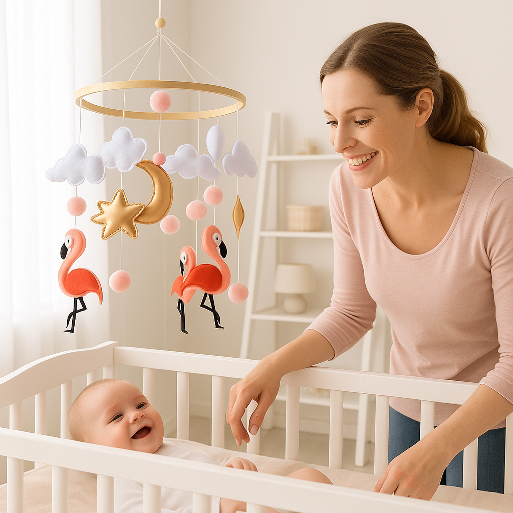 mobile bebe flamant rose bebe souriant