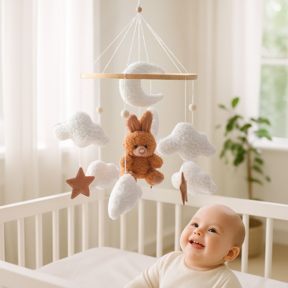 mobile bebe lapin brun bebe souriant dans berceau