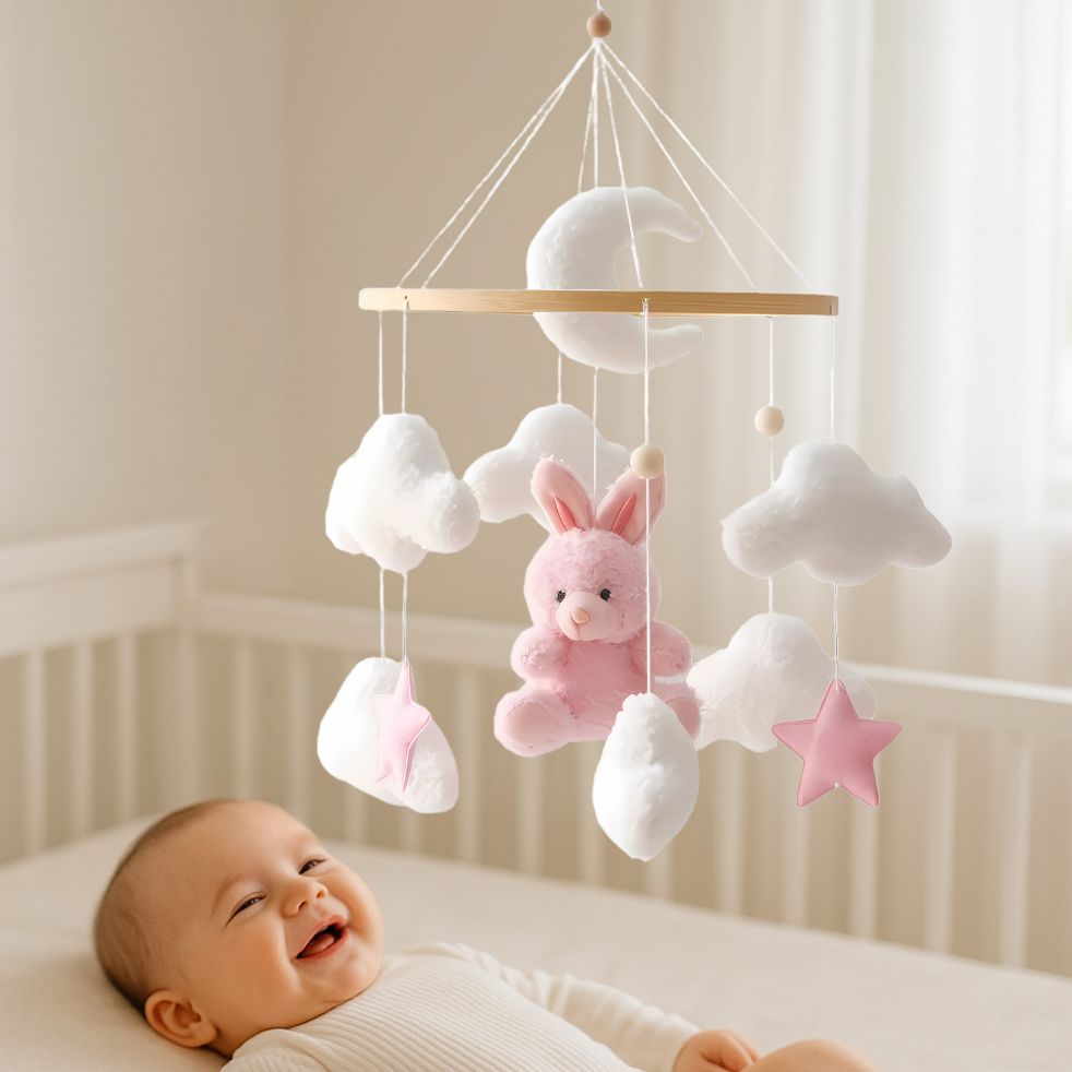mobile bebe lapin rose bebe souriant dans berceau