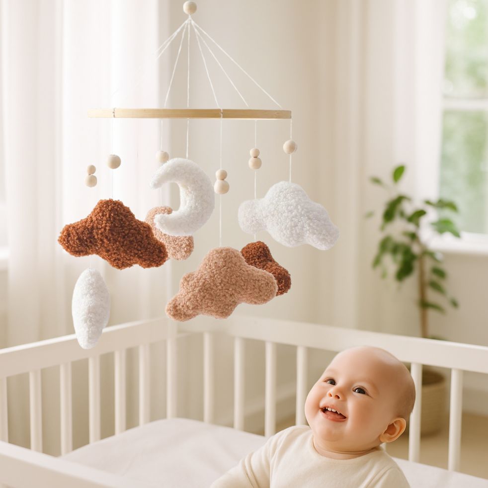 mobile bebe nuage brun blanc bebe souriant dans berceau