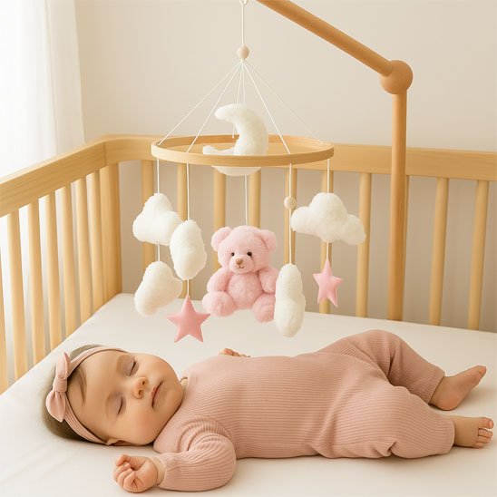 mobile bebe ours rose enfant endormi dans berceau