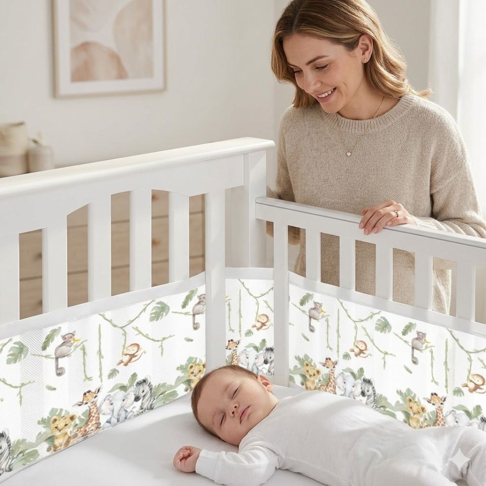 tour de lit respirant singe bébé endormi maman souriante