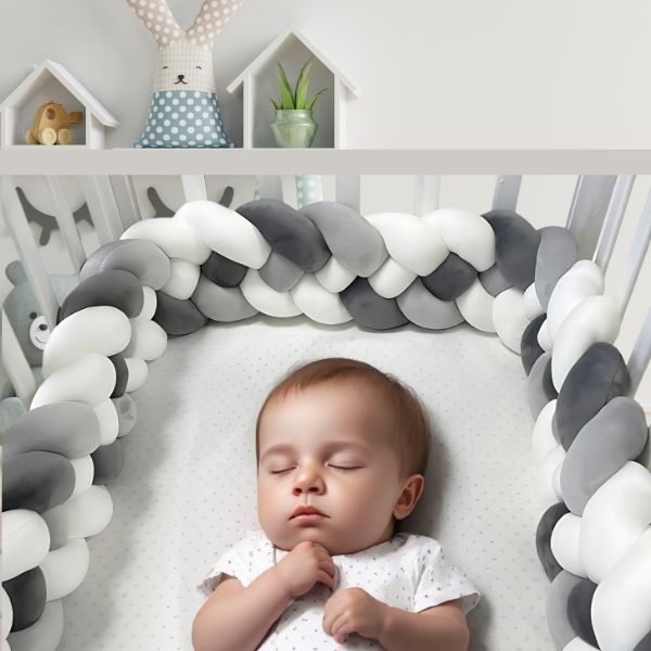 tour de lit tresse gris blanc enfant endormi berceau