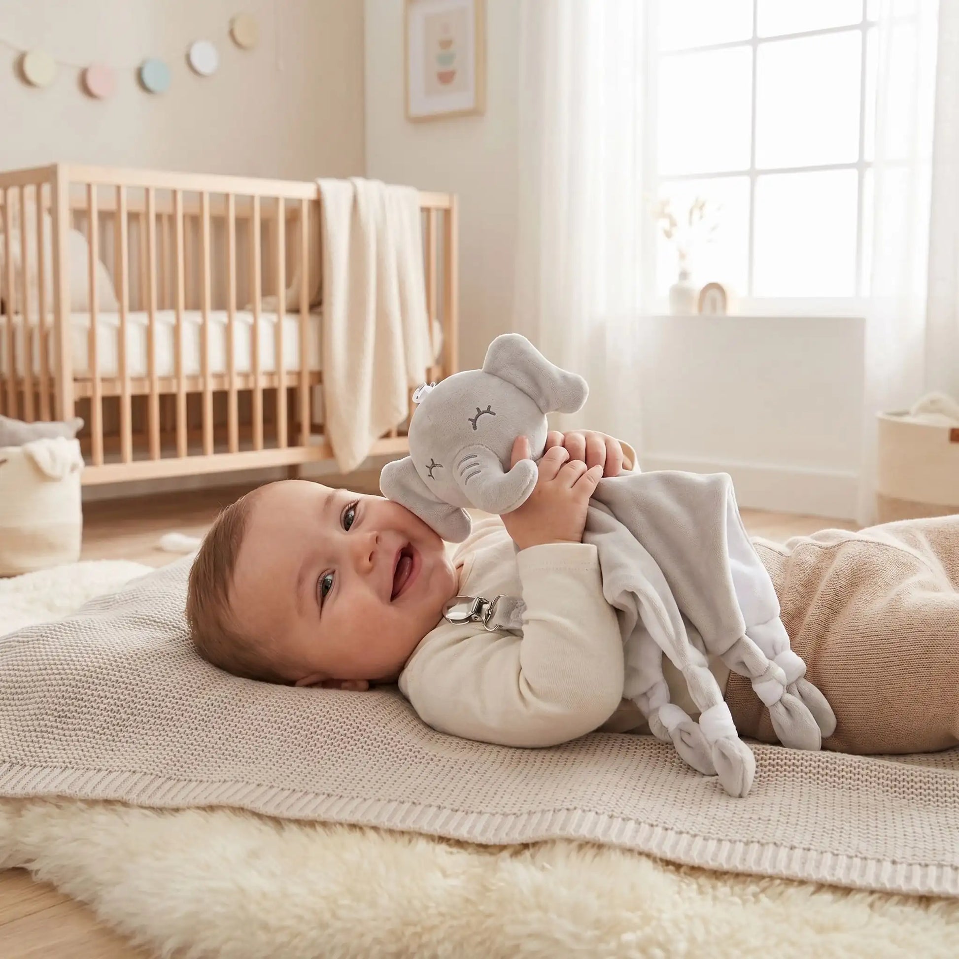 doudou bébé éléphant gris enfant souriant