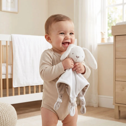 doudou bébé lapin blanc enfant souriant