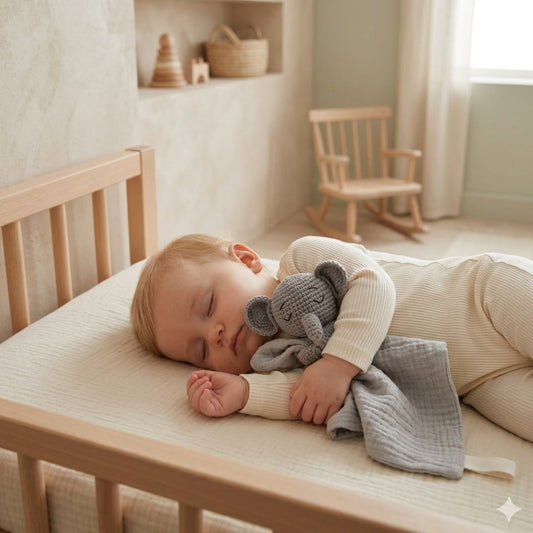 doudou éléphant gris bébé endormi berceau