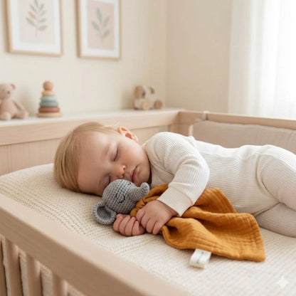 doudou elephant orange bebe endormi dans berceau