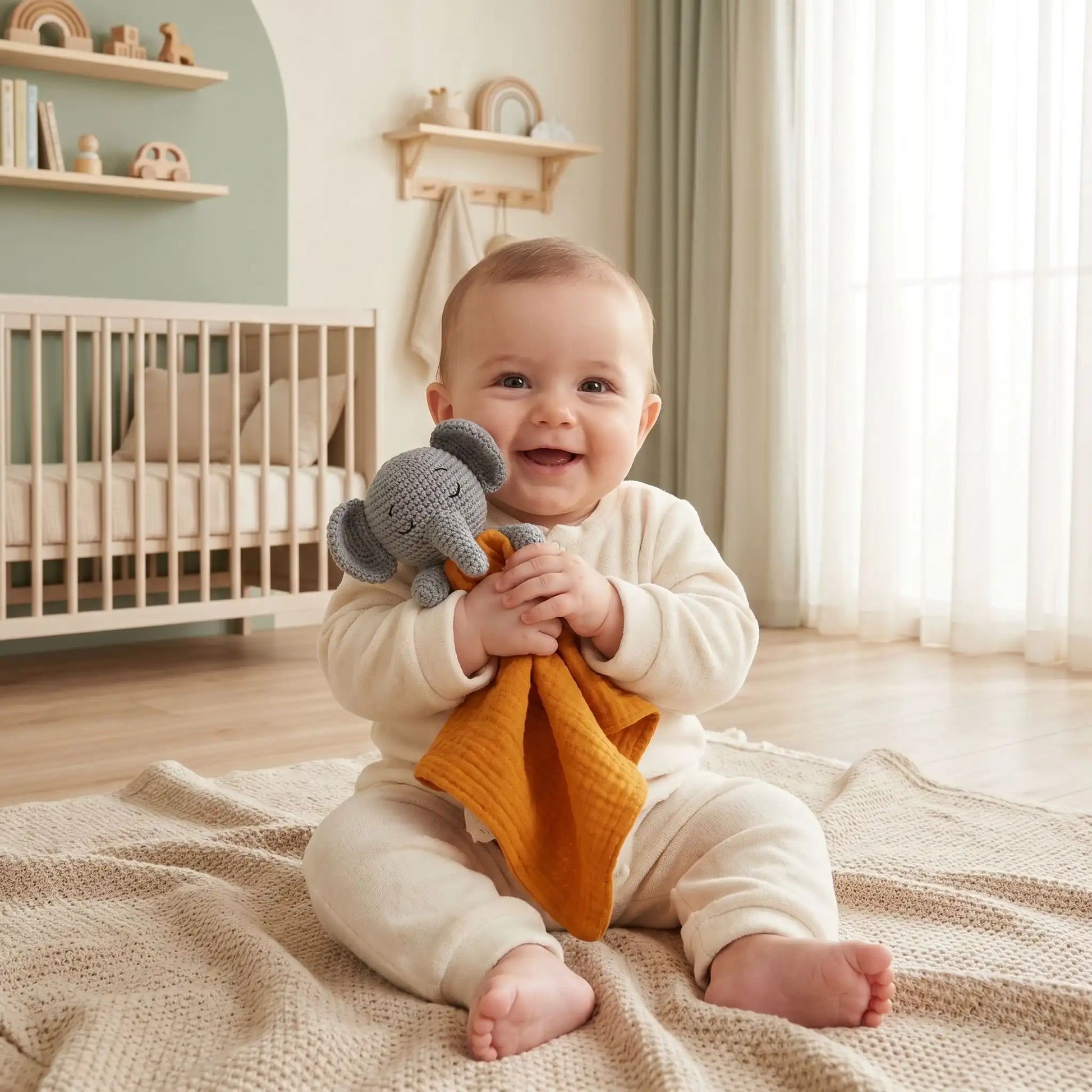 doudou éléphant orange bébé souriant