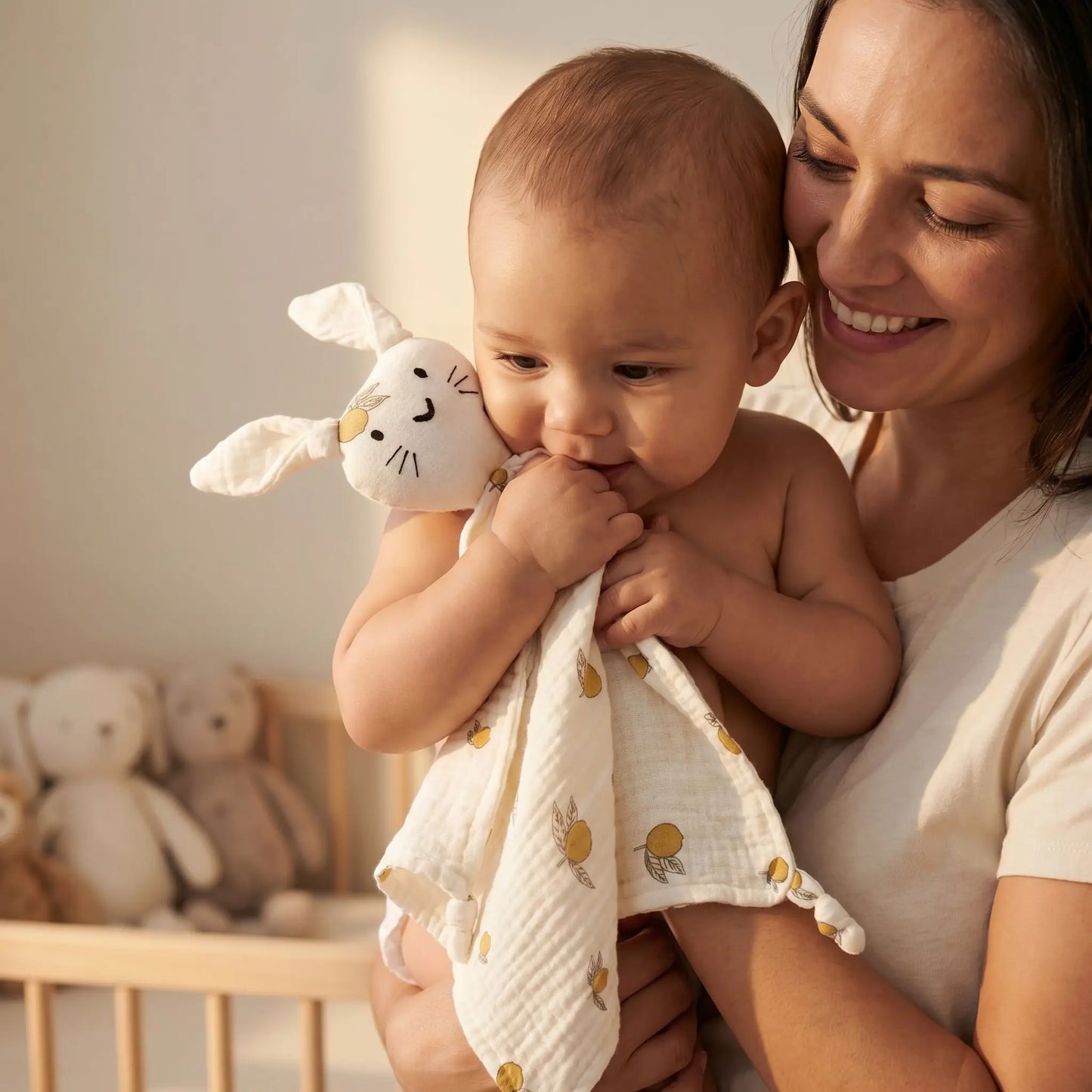 doudou lapin citron bébé maman souriante