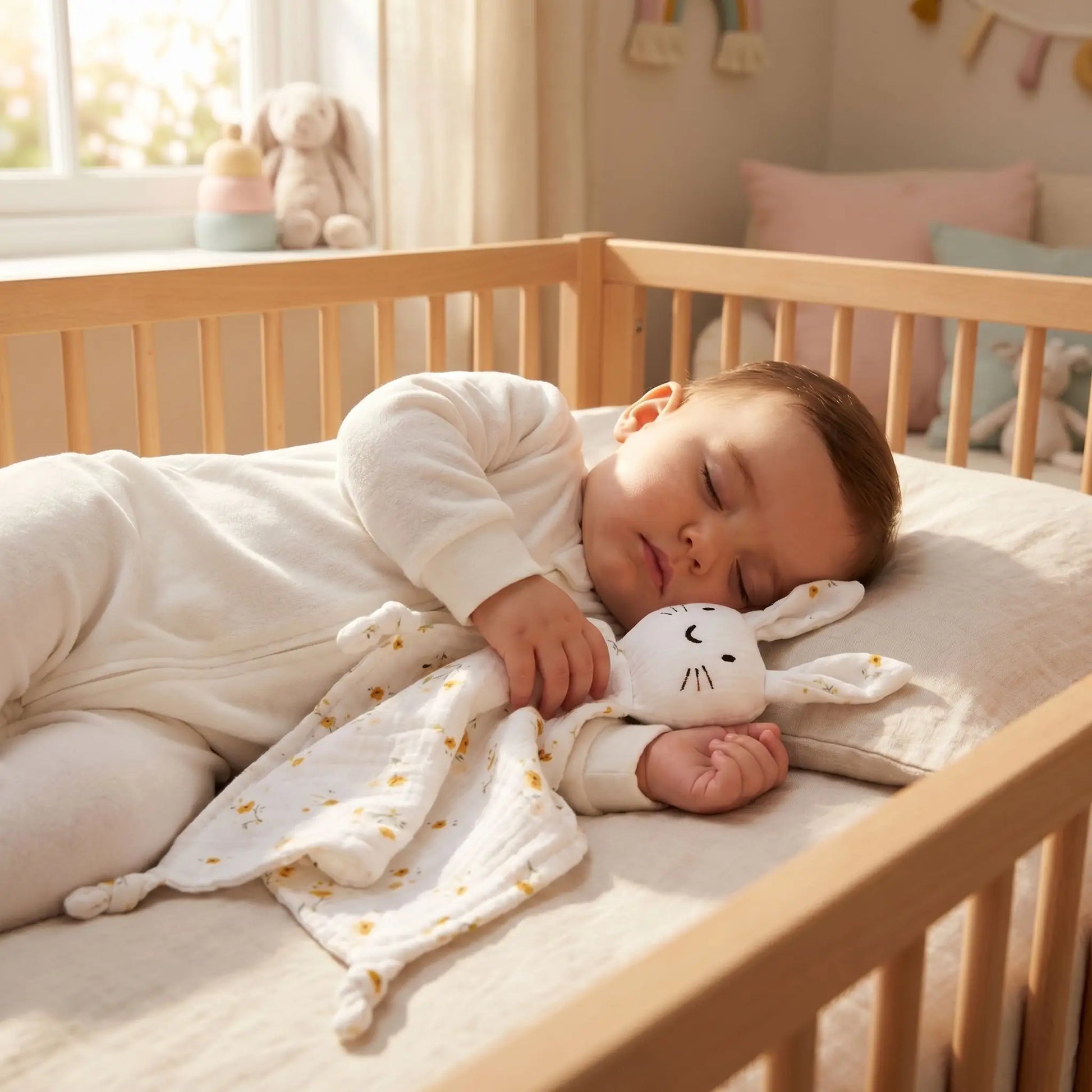 doudou lapin fleurs jaunes bébé endormi