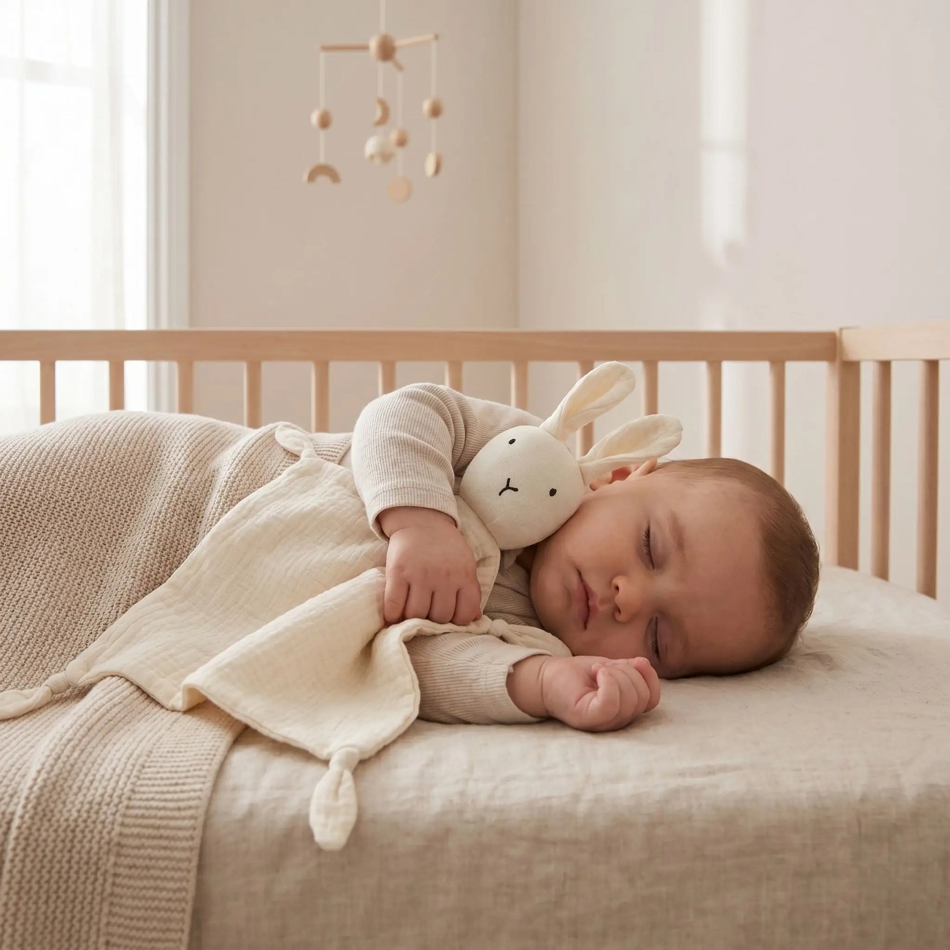 doudou lapin mousseline coton beige bébé endormi