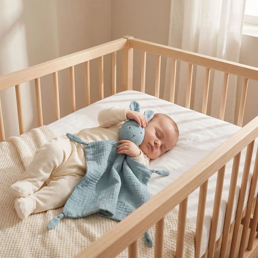 doudou lapin mousseline coton bleu bébé endormi