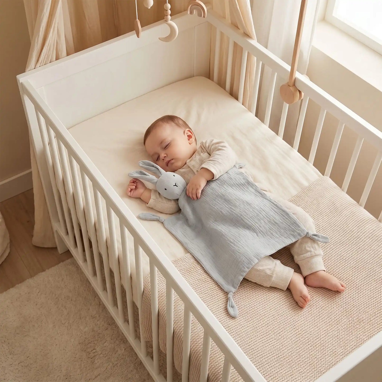doudou lapin mousseline coton gris bébé endormi