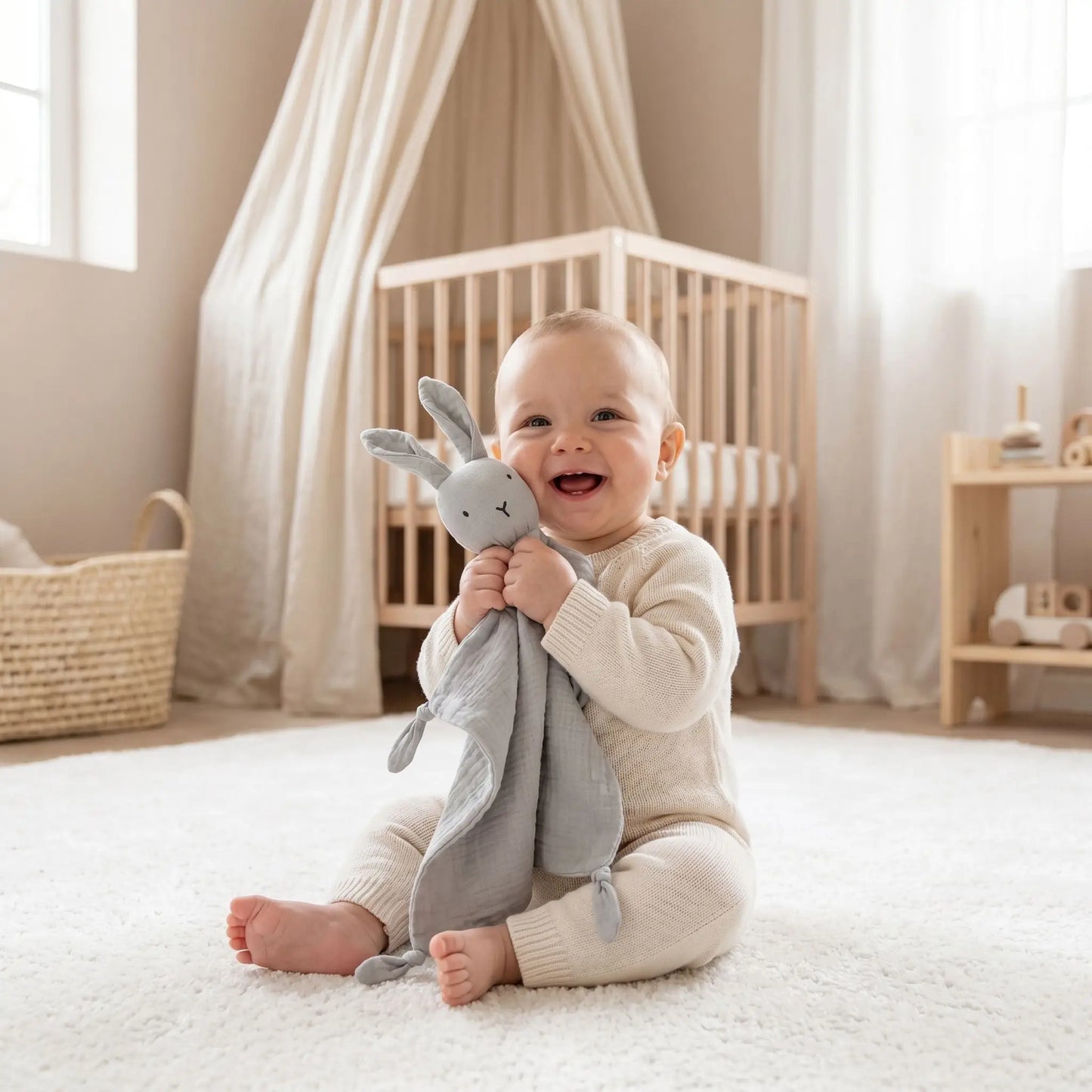 doudou lapin mousseline coton gris bébé souriant