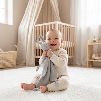 doudou lapin mousseline coton gris bébé souriant
