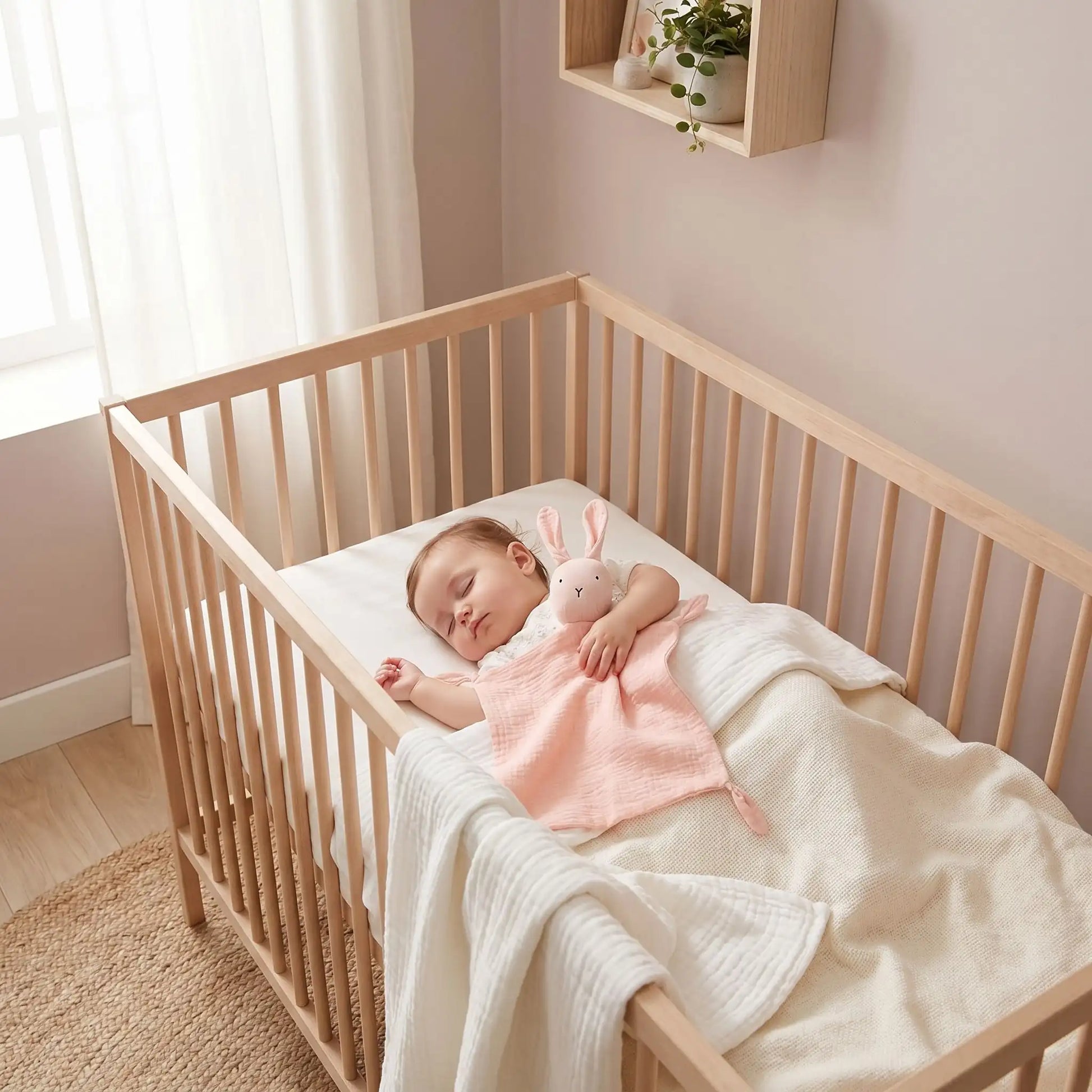 doudou lapin mousseline coton rose bébé endormi