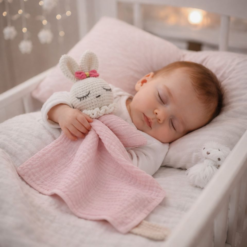 doudou lapin rose bébé endormi berceau