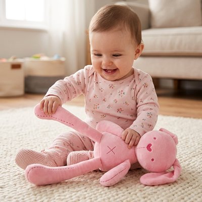 doudou lapin rose bébé souriant