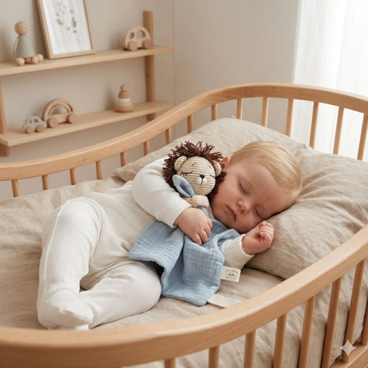 doudou lion bleu bébé endormi dans berceau
