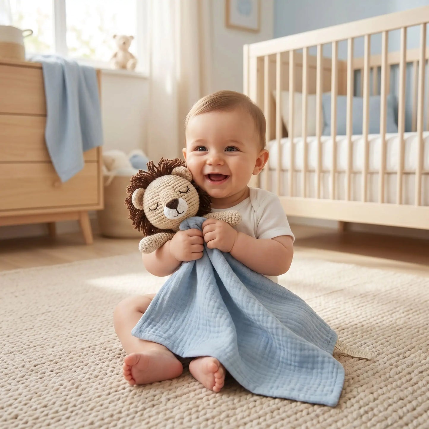 doudou lion bleu bébé souriant