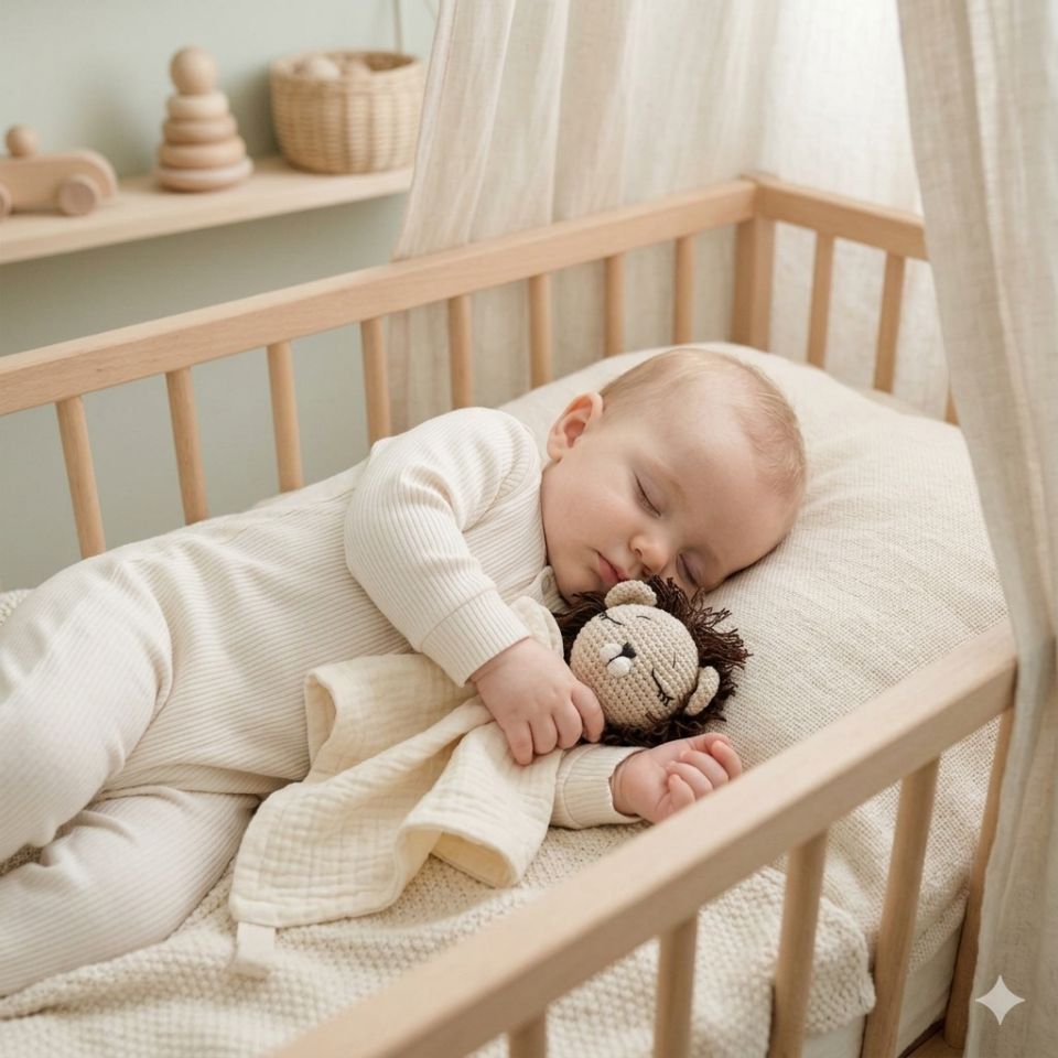 doudou lion crème bébé endormi dans berceau