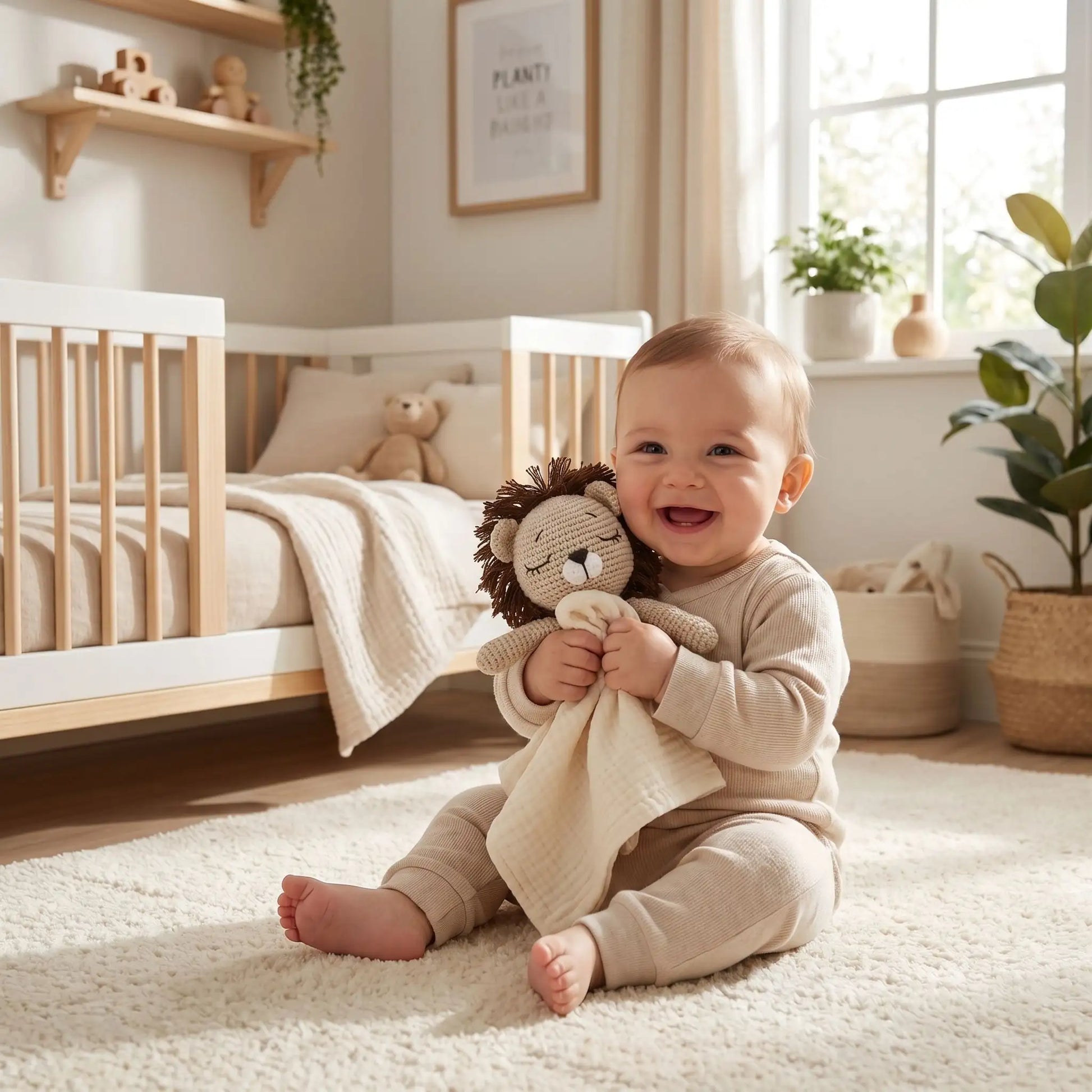 doudou lion crème bébé souriant