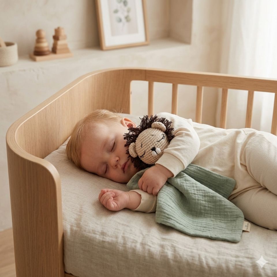 doudou lion gris bébé endormi dans berceau