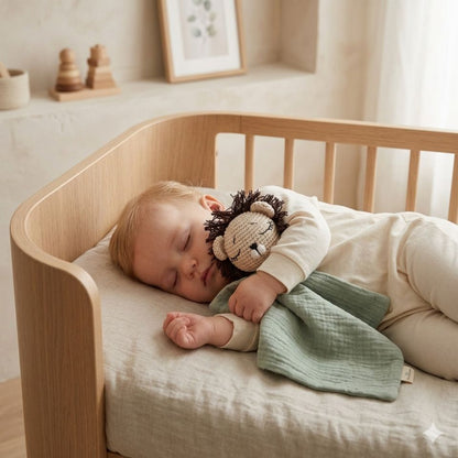 doudou lion gris bébé endormi dans berceau