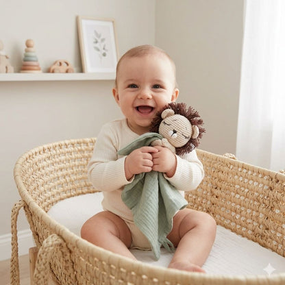 doudou lion gris bébé souriant