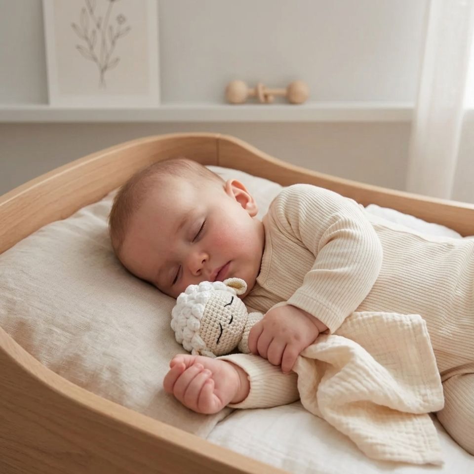 doudou mouton crème bébé endormi dans berceau