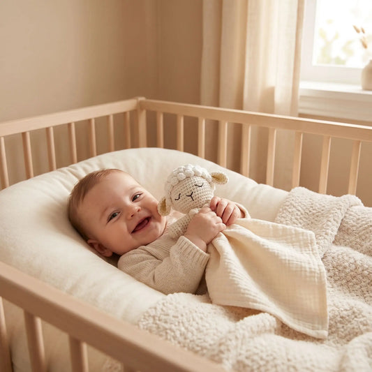 doudou mouton crème bébé souriant dans berceau