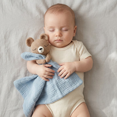 doudou ourson bleu bébé endormi dans berceau