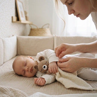 doudou ourson crème bébé endormi dans berceau