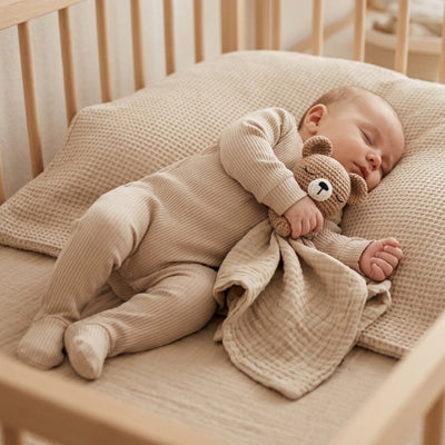 doudou ourson kaki bébé endormi dans berceau