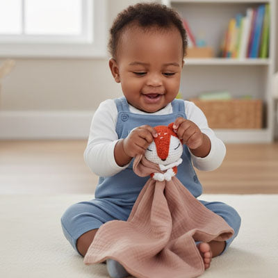 doudou renard coton gaze bébeé souriant
