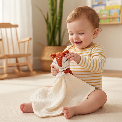 doudou renard coton crème gaze bébé souriant