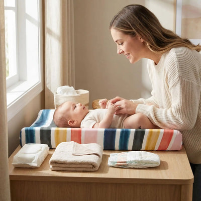 housse matelas à langer arc-en-ciel bébé maman souriante