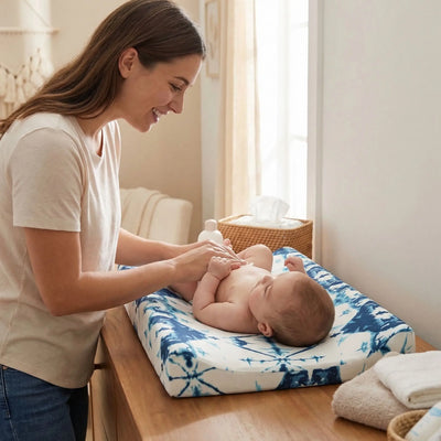 housse matelas à langer bleu maman bébé souriant