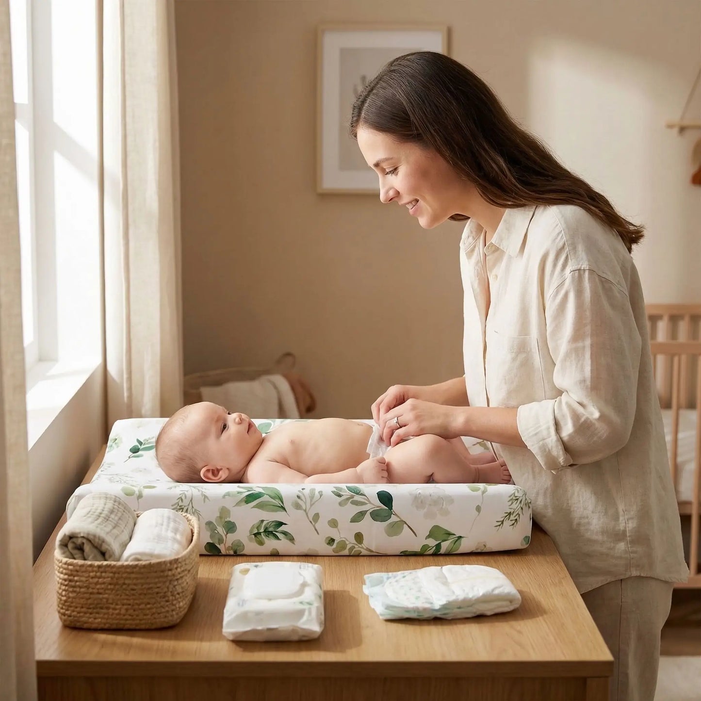 housse matelas à langer douce bébé maman souriante