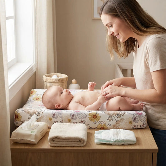 housse matelas à langer fleurs bébé maman souriante