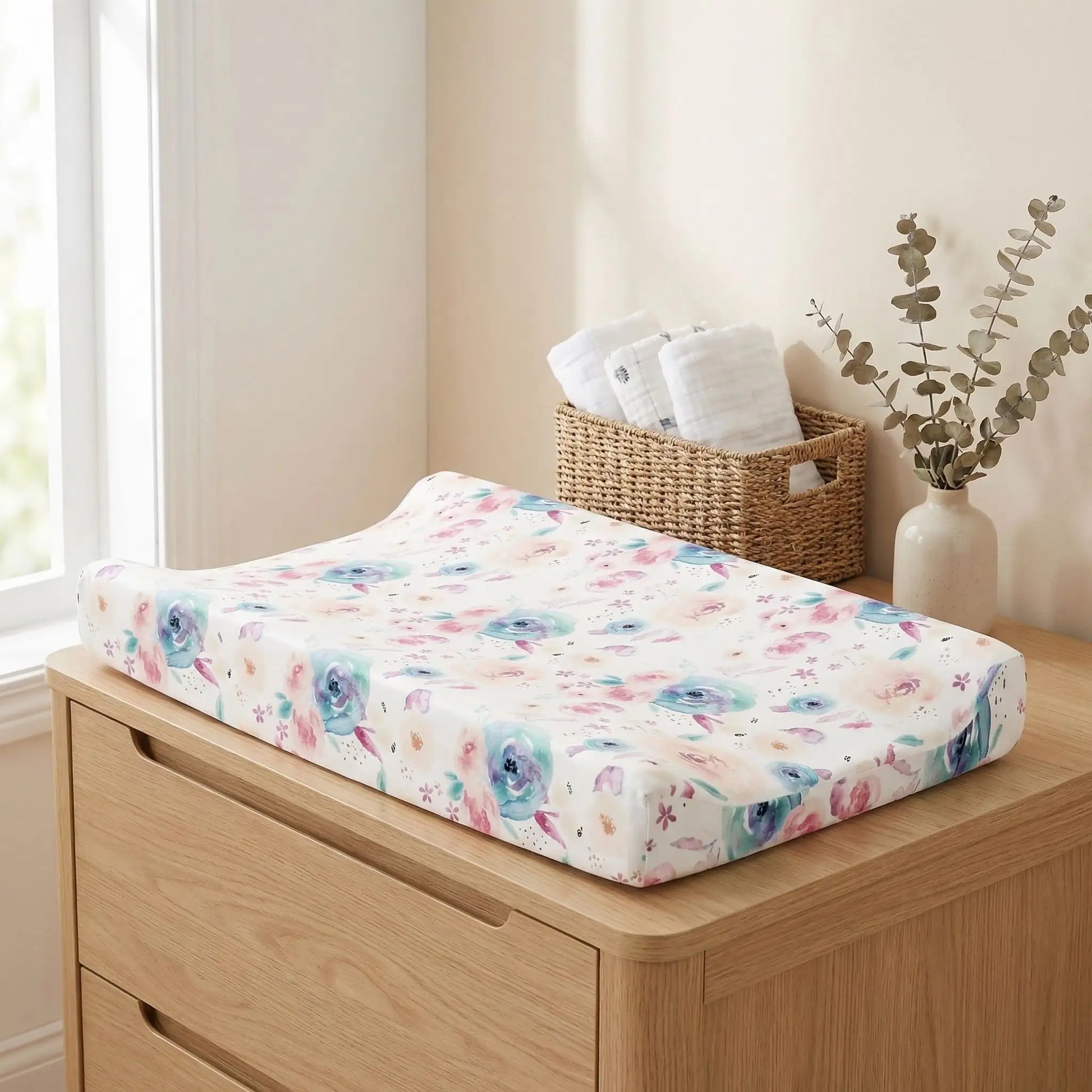 housse matelas à langer fleurs bleues
