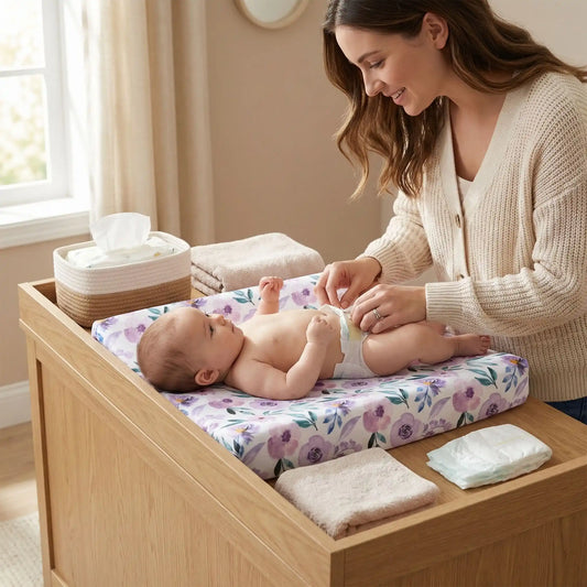 housse matelas à langer fleurs violettes maman bébé souriant 