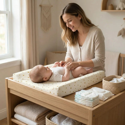 housse pour matelas à langer étoiles dorées bébé maman souriant